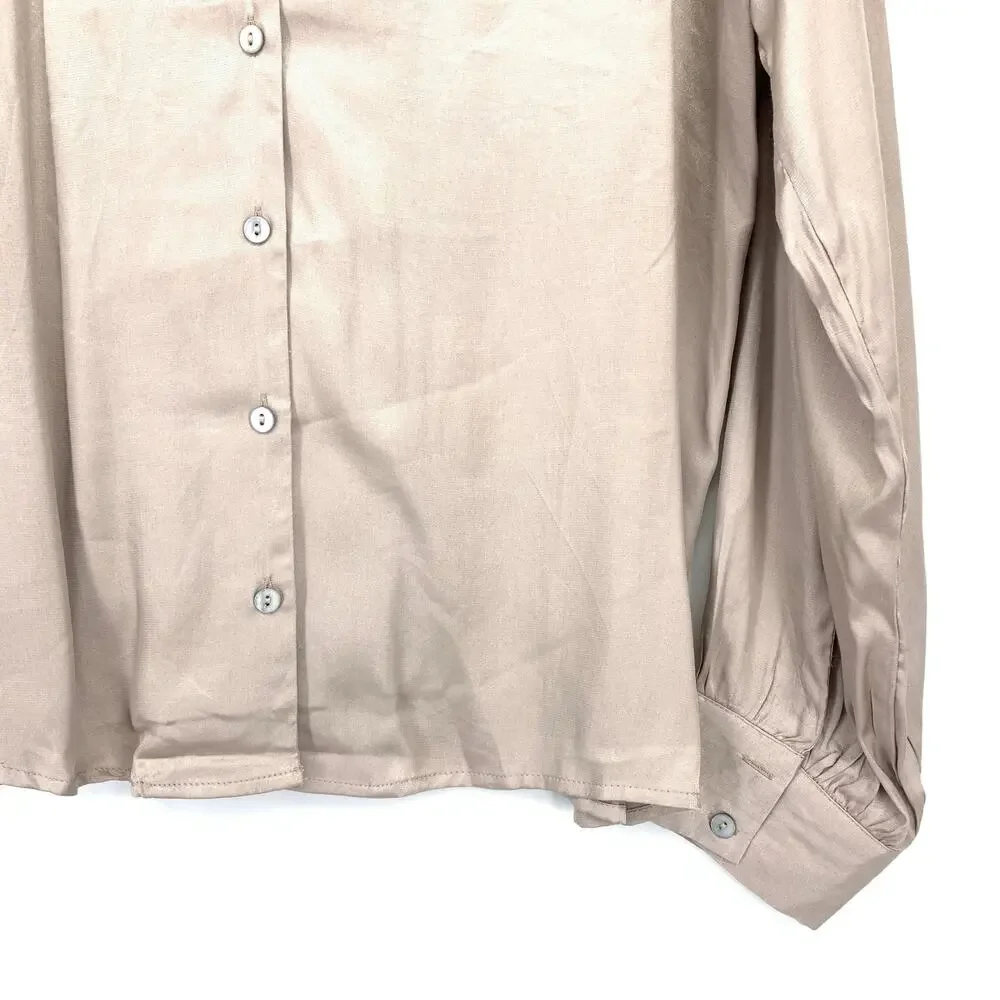 Gilli The Long Sleeve Satiny Blouse Womens Sz Large Button Front Warm Taupe NEW
